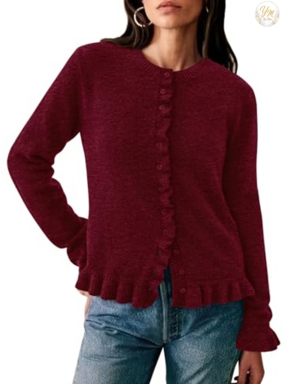 Ruffle Button Down Cropped Cardigan Sweater Chunky Knit